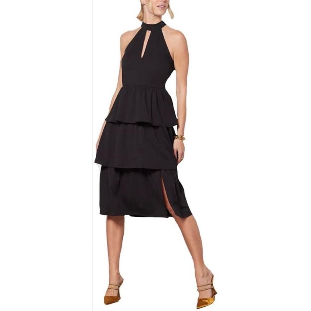 Amanda Uprichard Shanae Dress Women Size M Black Tiered Halter Midi Keyhole NEW